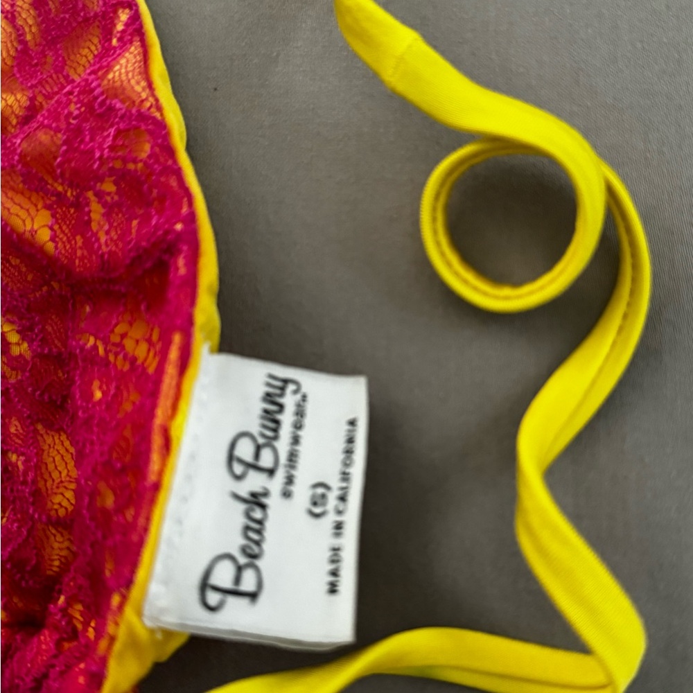Beach Bunny Swimwear Neon Pink/Yellow Lace Detail Sexy Tie Bikini- LIKE NEW! - Picture 5 of 6